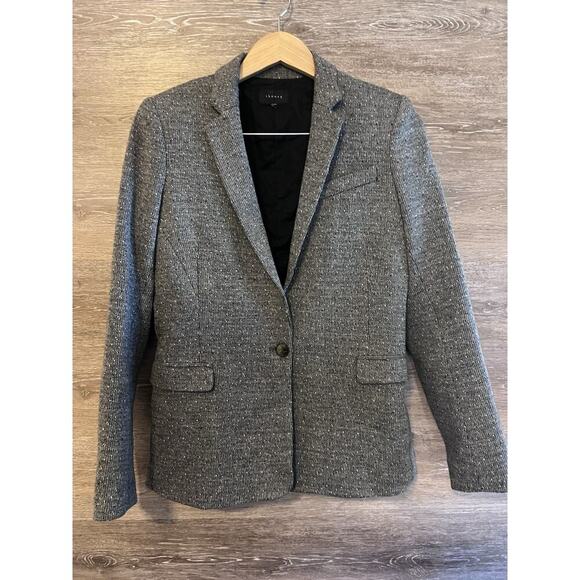 Theory Grey Tweed Blazer Size 6 Jacket Suit Medium Career Office 1 Button - Picture 1 of 10